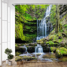 Waterfall Shower Curtain Tropical Green Plant Forest Falling Water Mountain Rock