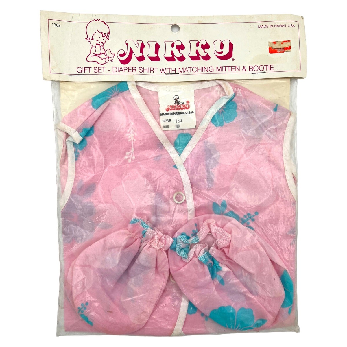 VTG 1980s Nikky Intl Hawaii Baby Gift Set Diaper Shirt Mitten Bootie Pink  Floral