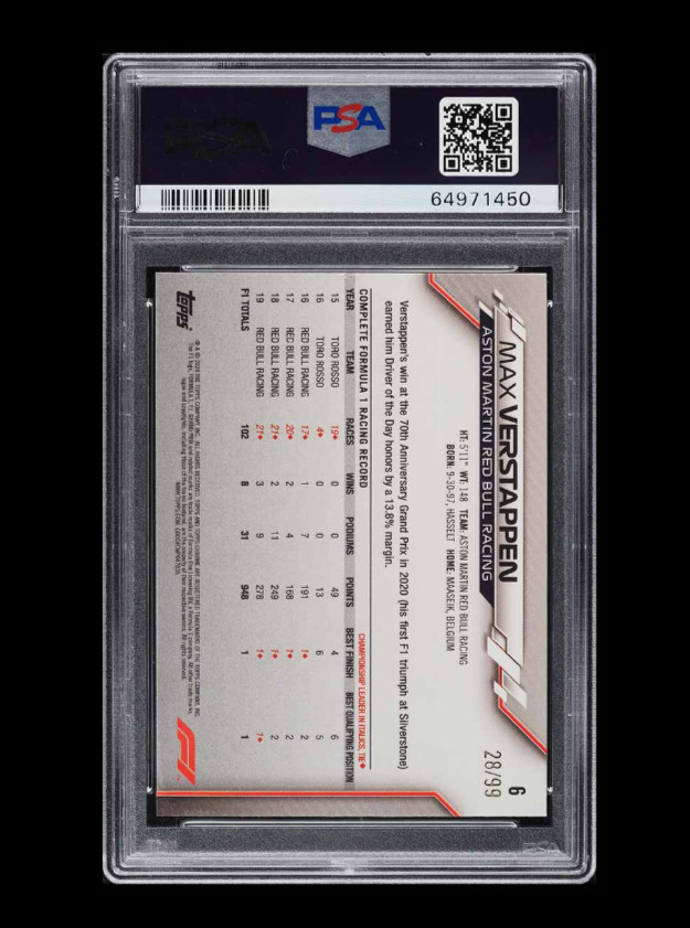 2020 Topps Chrome F1 Sapphire Max Verstappen Aqua SP Var Refractor RC /99 PSA 7 view 2