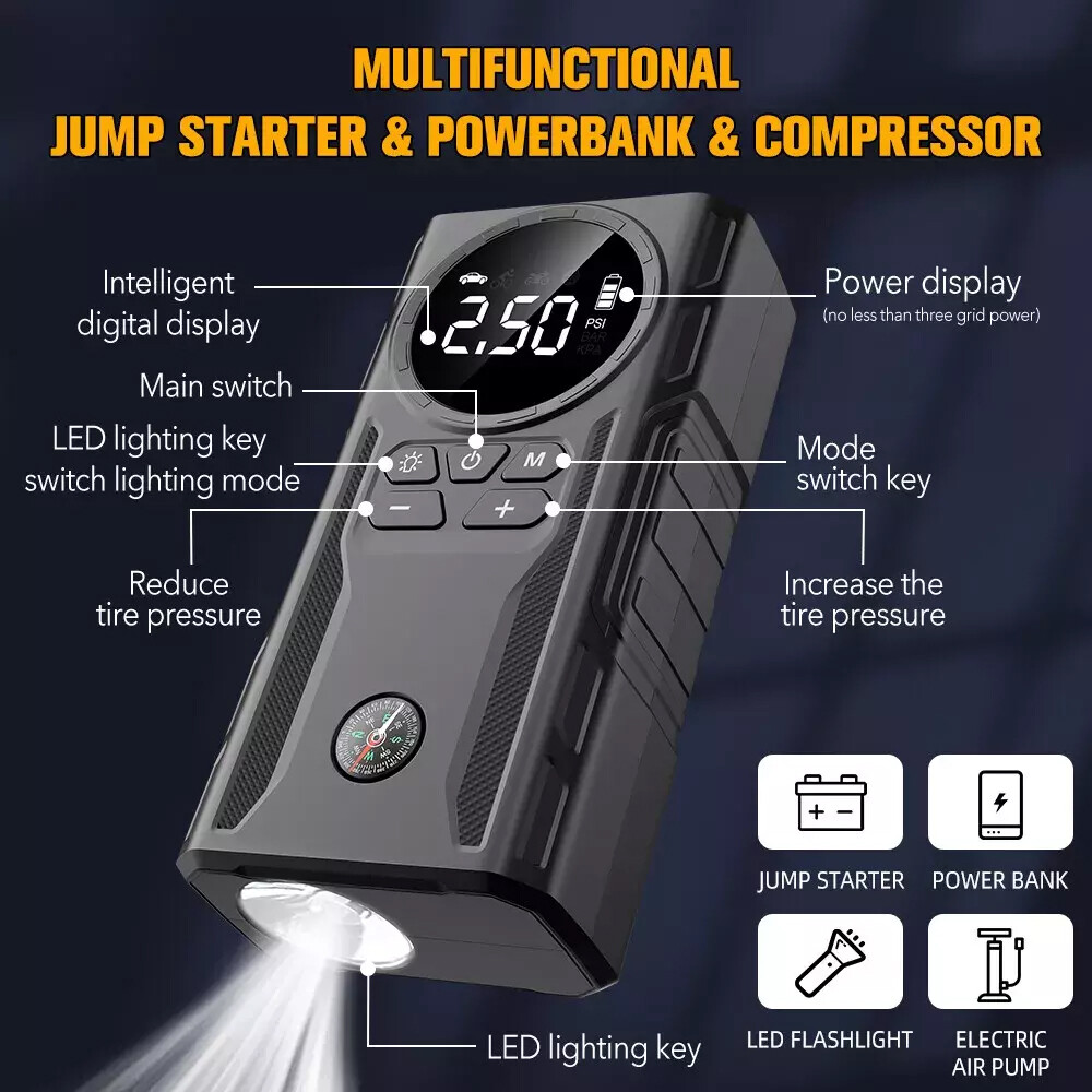 Car Jump Starter with Air Compressor 99800mAh Battery Jumper Box Charger Booster
