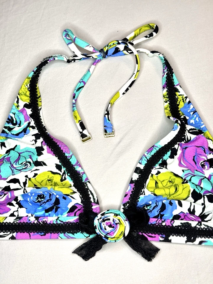 Conjunto de bikini Betsey Johnson verde azulado púrpura floral rosa gitana - parte superior M e inferior XS Foto 3 de 4