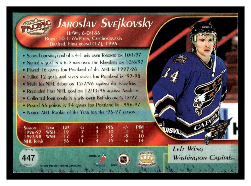 1998 Pacific #447 Jaroslav Svejkovsky - Washington Capitals - Image 2 of 2