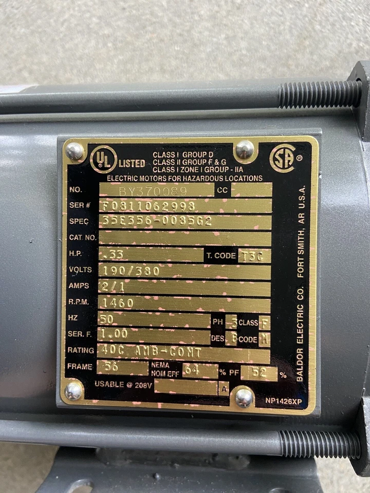 NEW BALDOR HAZARDOUS LOCATION ELECTRIC MOTOR BY370089,  .33HP 1460 RPM 3ph - Image 3 of 4