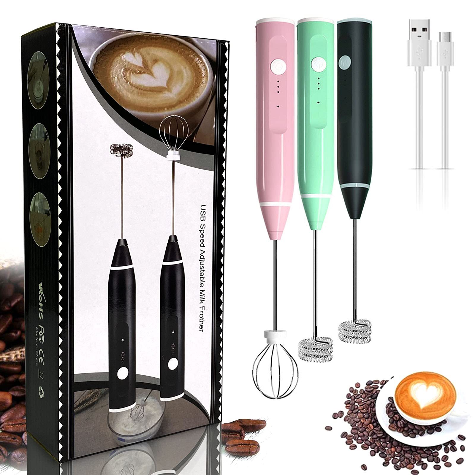Milk Frother Handheld USB Rechargeable Electric Foam Maker with 2 Stainless w...-image