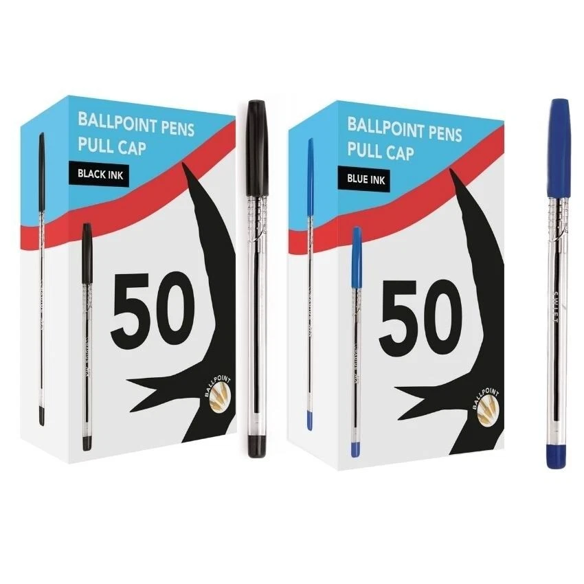 50 Ball Point Pens Black or Blue Ink Medium Point Smooth Biros Office School - Picture 1 of 6