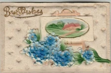 PUFFY, ADD ON BEST WISHES POSTCARD~COTTAGE PORTRAIT,FLORAL BOUQUET~EARLY 20th C