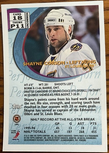 1995-96 Finest Performers Silver UNCOMMON Shayne Corson #18 St. Louis Blues - Picture 2 of 2