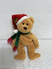 TY 2003 Holiday Beanie Baby Teddy w/o Tag 8.5" Red Holly Hat & Green Scarf