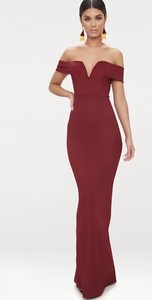 burgundy bardot dress