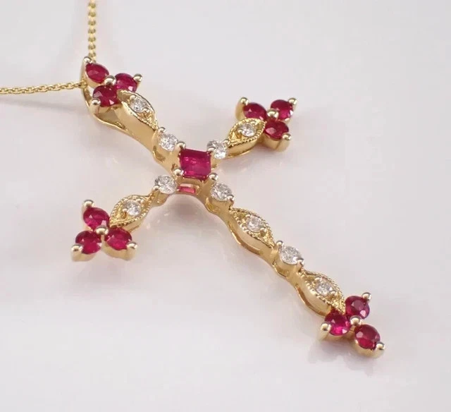 2 克拉圆形切割实验室制作粉红色红宝石女式十字架吊坠 14K 镀金 — 第 2/4 张图片