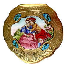 RARE Antique Silver Enamel Italian Courting Scene Dress Fur Scarf Clip