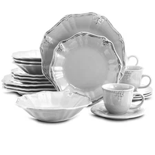 Elama Scalloped Round Stoneware Elegant Dinnerware Dish Set, 20 Piece, White