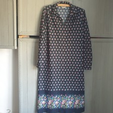 Vtg 70s Shift Dress Sz M Navy Blue Pink Roses Retro