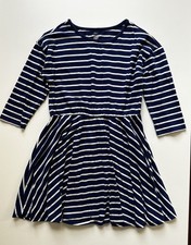 Tea Collection Skater Dress Girls Size 14 Navy Blue White Stripe 3/4 Sleeve