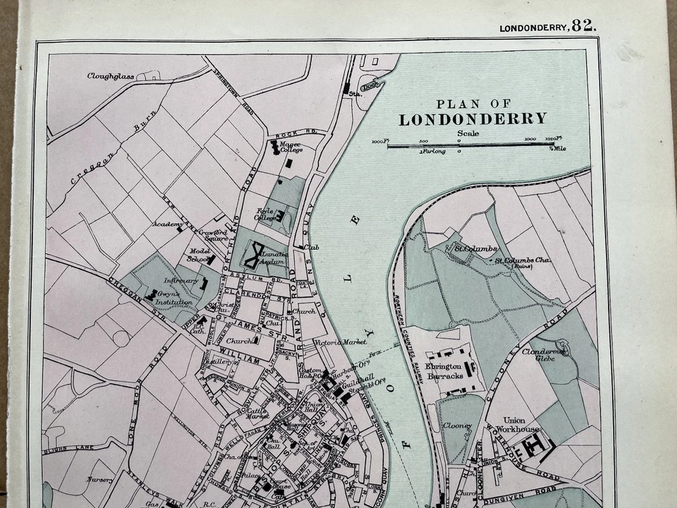 Antiguo mapa de la ciudad / plano de Londonderry Irlanda del Norte G W Bacon 1895 Foto 2 de 4
