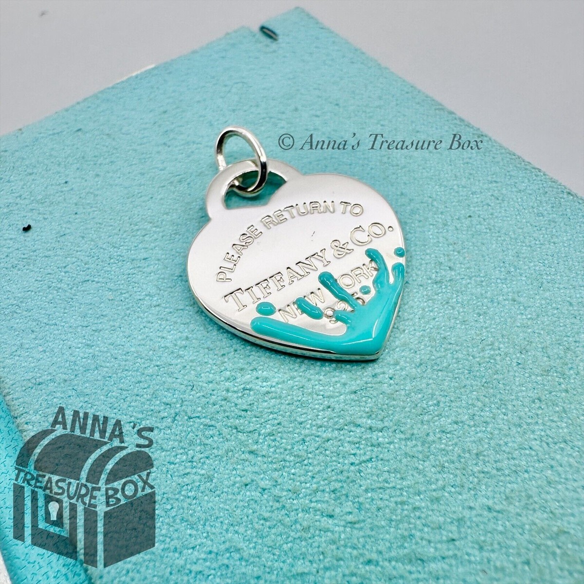 Tiffany & Co. 925 Silver LARGE Blue Splash Heart Pendant Charm(Box