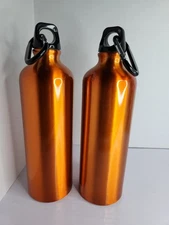 2 Orange Aluminum Water Bottles 25oz BPA Free Carabiner Clip Hiking Camping Gym