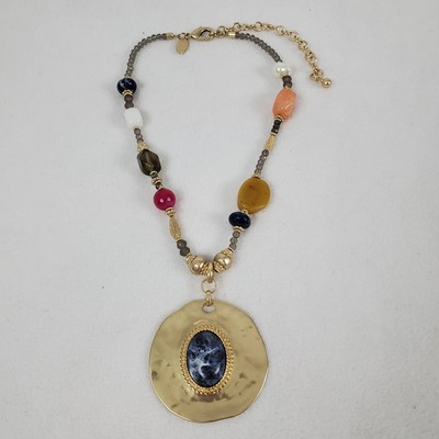 Chico's Shield Pendant Necklace Indigo Kyanite Gemstone Cabochon Tribal Etruscan