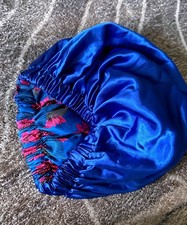 XL Satin bonnet reversible bright blue and floral pattern