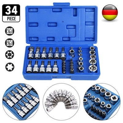 34x INNEN + AUßEN TORX STECKSCHLÜSSEL SATZ E4-E20 NÜSSE T10-T60 NUSS SET 3/8 1/4