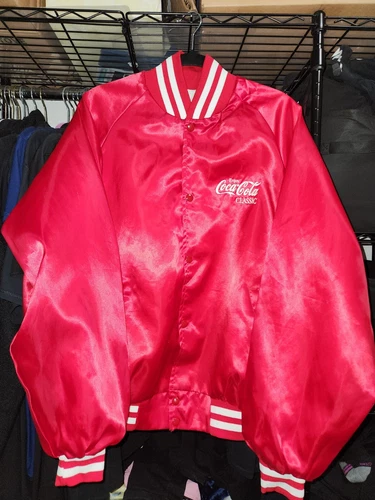 Vintage Coca Cola Satin Varsity Jacket Mens L Coke Red Flannel Lined Baseball
