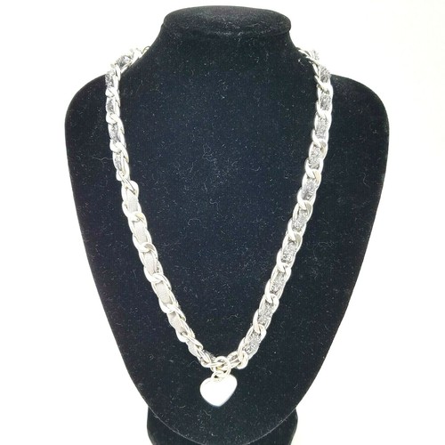 Silver Tone Heart Pendant Necklace Chain Link and Rhinestones Valentine Love 17"