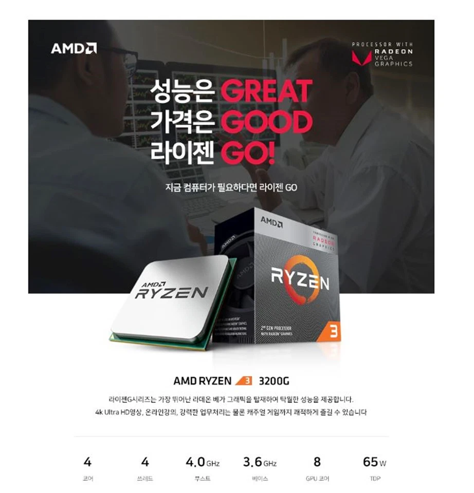 AMD Ryzen 3 3200G Picasso 4Core 4Thread 3.6~4.0GHz 12nm DDR4 65W CPU Processor - Image 2 of 4