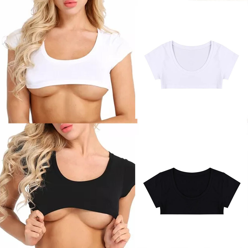 Women No Bra Club Cotton Short Sleeve Crop Top T-Shirt Summer Tee Blouse Se;