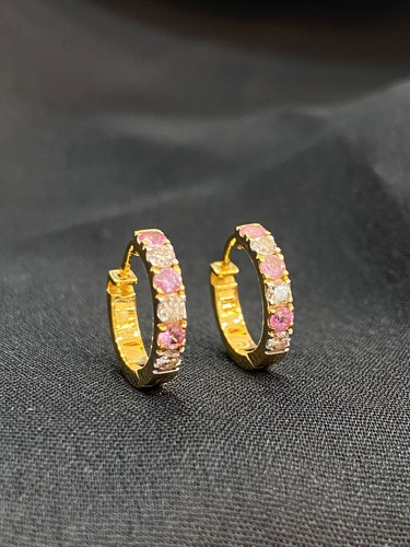 0,70 Cts Rotondo Naturale Diamanti Zaffiro Rosa Cerchio Orecchini 18K Oro giallo - Foto 7 di 13