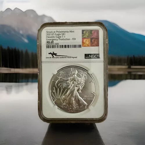 2021 (P) Heraldic T-1 $1 Silver Eagle NGC MS69, Emergency Production FDI