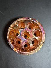 VINTAGE AMBER CARNIVAL DEPRESSION IRIDESCENT DOMED GLASS FLOWER FROG, 8 HOLE