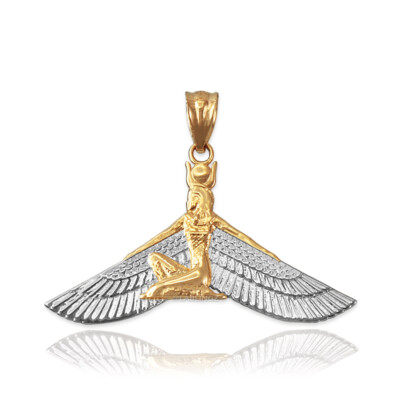 Two-Tone Gold Isis Egyptian Winged Goddess Pendant Necklace 10k 14k