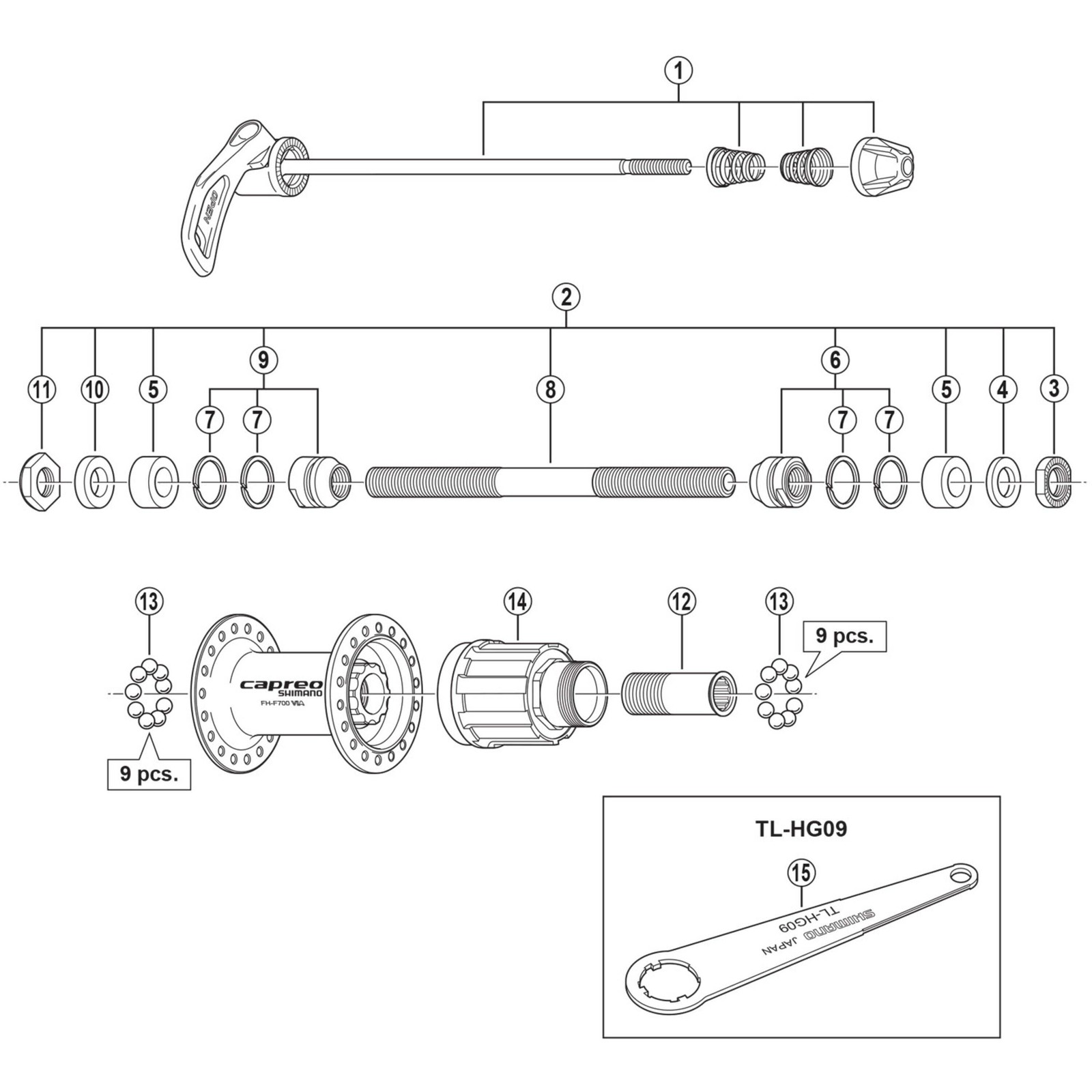 Shimano Spares FH-F700 complete hub axle, 146 mm