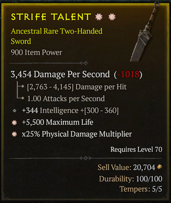   DIABLO 4   SEASON 13      Two-handed Sword  2 GA HP + PHYs Multiplier