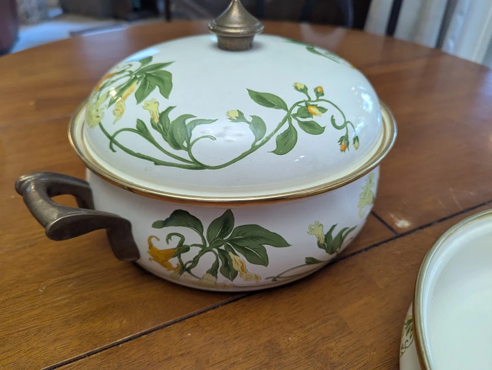 ASTA German Floral Enamel Cookware Brass Dutch Oven/Casserole & Frypan With Lid - Image 2 of 4