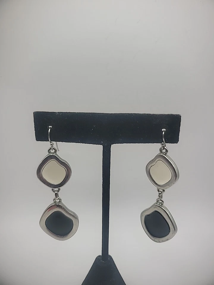 Vintage Lia Sophia Earrings Pierced Hook Drop Dangle Silver Tone White Black - Image 2 of 4