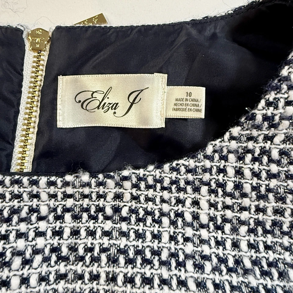 Eliza J Tweed Fringe Trim Dress Navy White Cap Sleeve A-Line Women’s 10 - Image 4 of 4