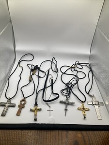 Lot Of 7 Stringed Christian Cross Religious Pendant Necklaces