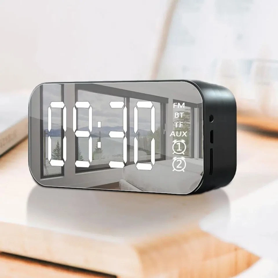 Reloj Despertador Con Espejo LED Radio FM De Bluetooth Música Inalámbrico Alarma - Image 2 of 4