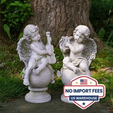 14.75" Set of 2 Cherub Angels with Instruments Outdoor Garden Statues