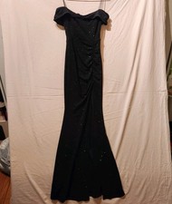 Thight Slit Sz Small Black Cold-Shoulder Draped Shimmer Gown Holiday Party Dress