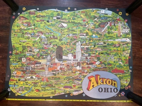 Vintage Akron Ohio Cartoon City Map Blossom WAKR Chrysler Kosar’s Cathedral Etc