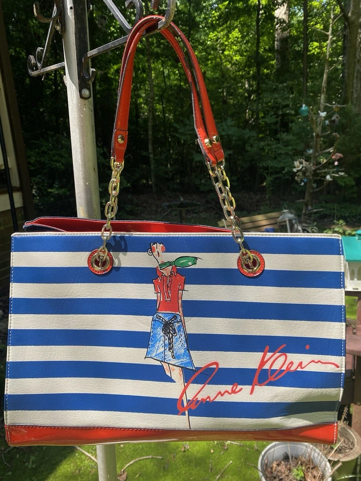 Anne Klein Mix Media Stripe/Denim/Leather Graphic Print Tote Handbag 250G