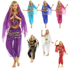 Women 4Pcs Sequin Chiffon India Belly Dance Costume Harem Fancy Dress Up Outfits