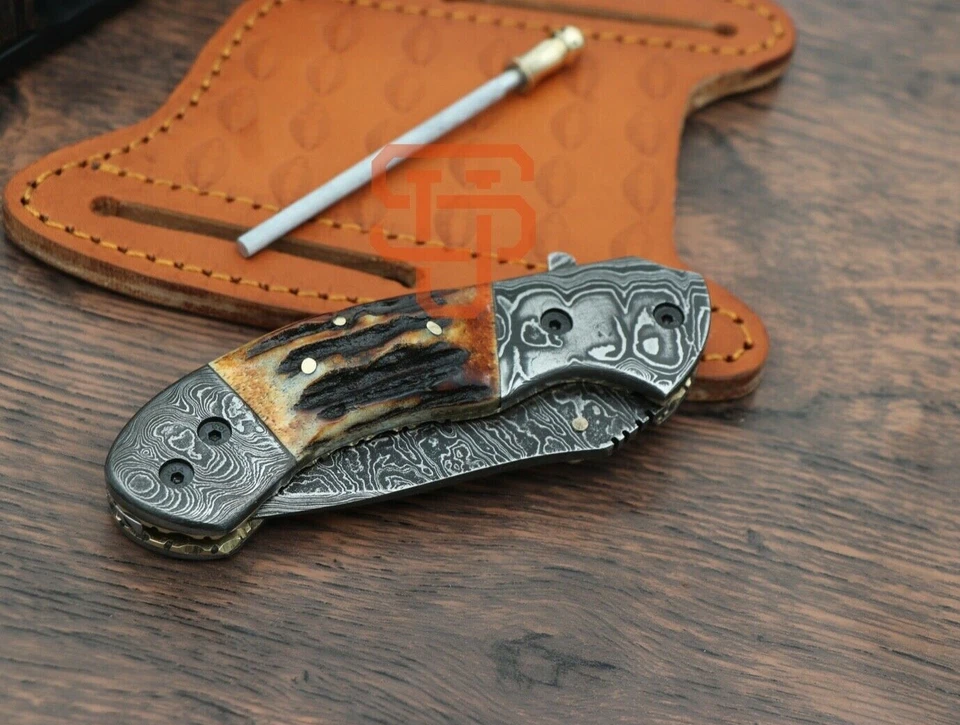 ✅ Cuchillo Plegable de Acero Damasco Genuino Cuerno de Ciervo Cuchillo de Bolsillo Pin de Mosaico EE. UU. Foto 3 de 4