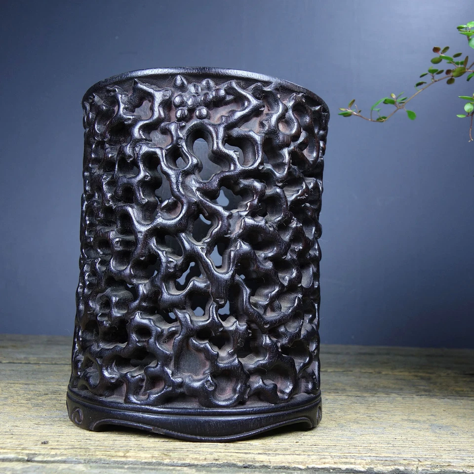 Exquisita olla de cepillo tallada en sándalo de madera vintage china de 5,9" Foto 3 de 4