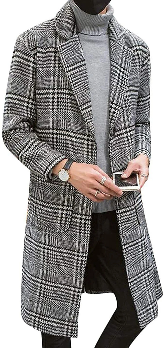 UANEO Men s Casual Notch Lapel Single Breasted Plaid Mid Long
