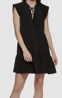dkny tiered tie neck dress