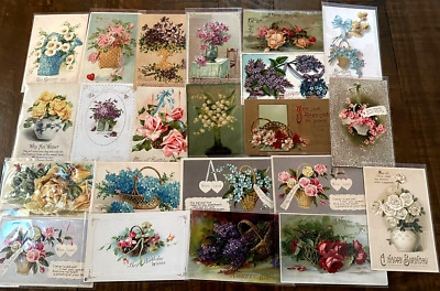 Lot of 23 Flowers in Baskets & Vases ~Vintage Antique Greetings~Postcards~b675