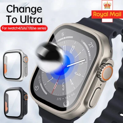Change to Ultra Case For Apple Watch Series 9 8 7 45mm 6 5 4 SE 44mm Glass Cover